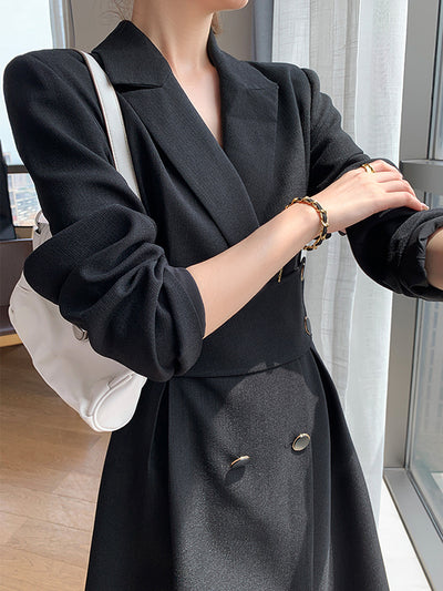 waist slim black long suit dress