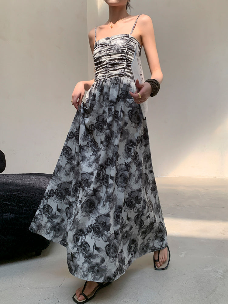 flower print monotone long dress