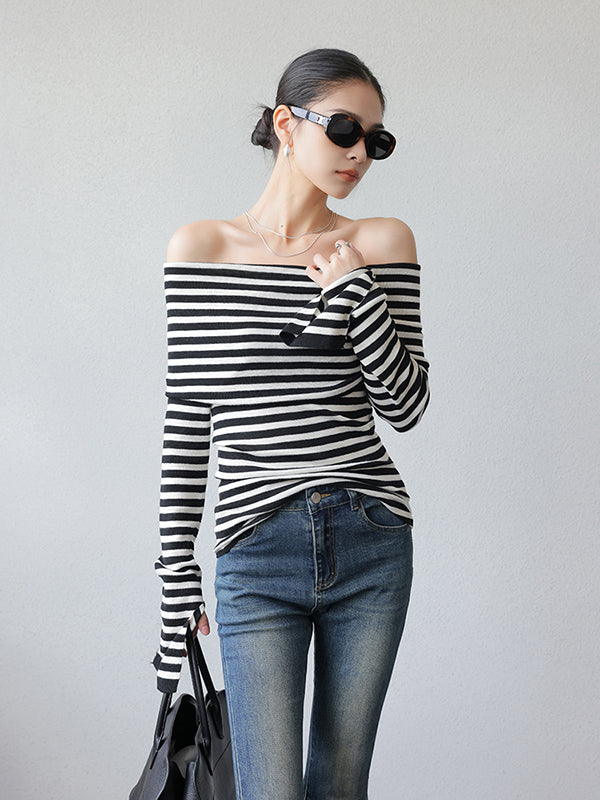 stripe off shoulder long sleeve slim fit tops