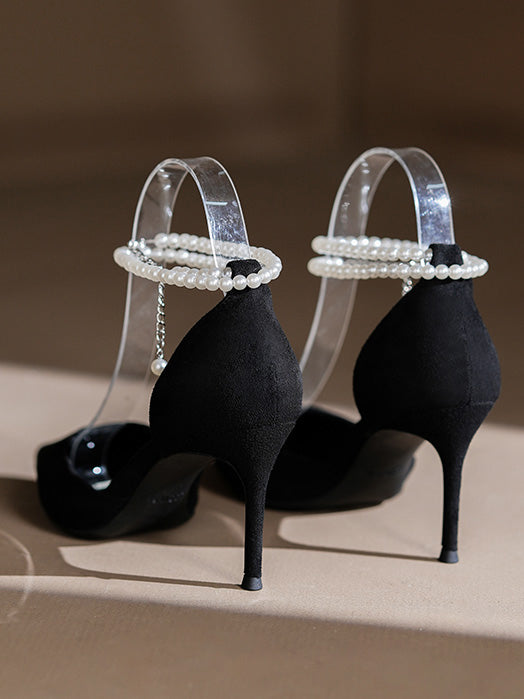 pearl strap stiletto toe black sandals