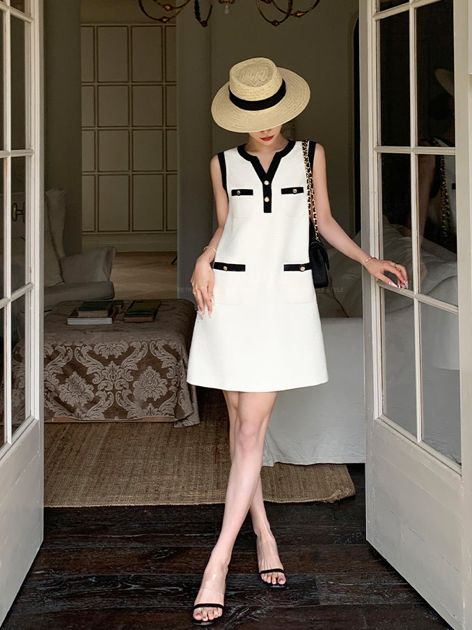sleeveless button tweed mini one piece