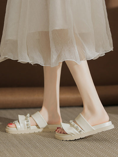 flat ruffle pearl bijou sandals
