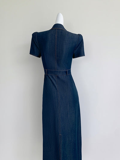 dark blue denim tight long one piece