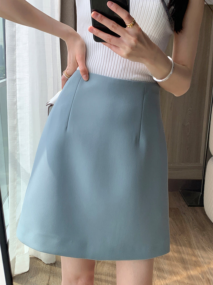 high waist trapezoid light blue mini skirt