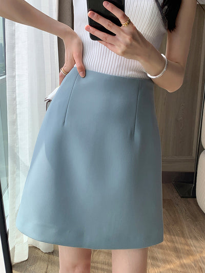 high waist trapezoid light blue mini skirt