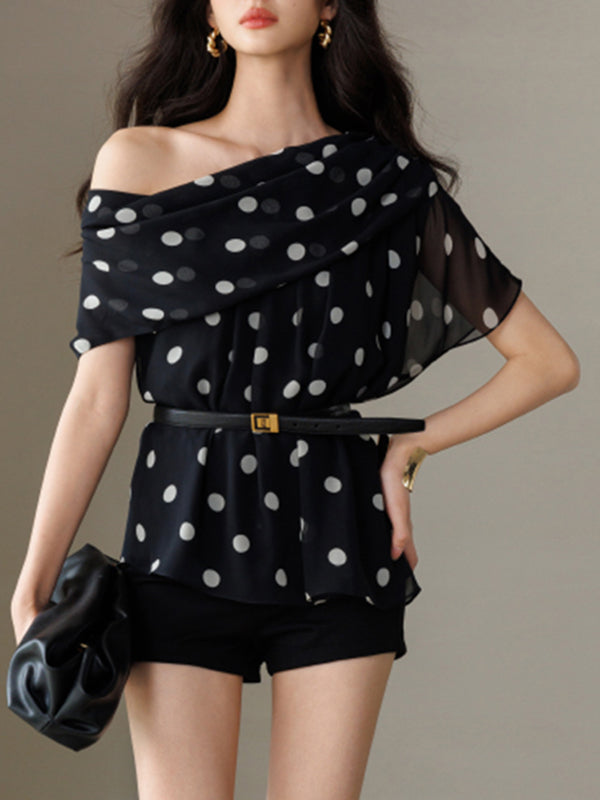 one shoulder chiffon dot tops