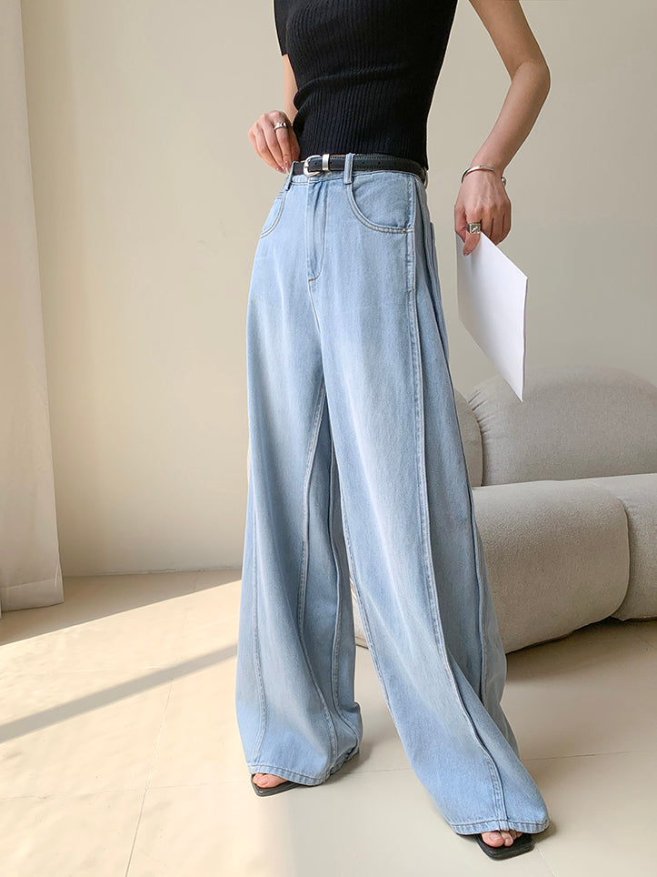 high waist light blue wide cut long denim pants