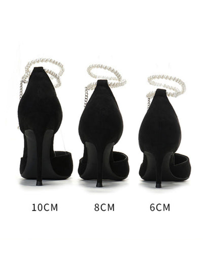 pearl strap stiletto toe black sandals