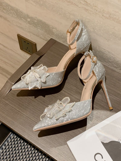 rhinestone ribbon pointed toe pumps