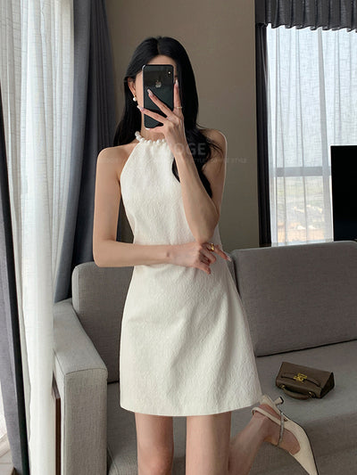 halter neck white tight mini one piece