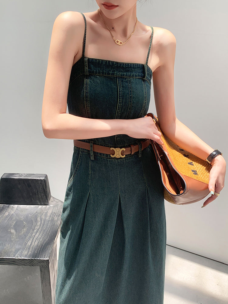 vintage blue denim camisole pleats long one piece