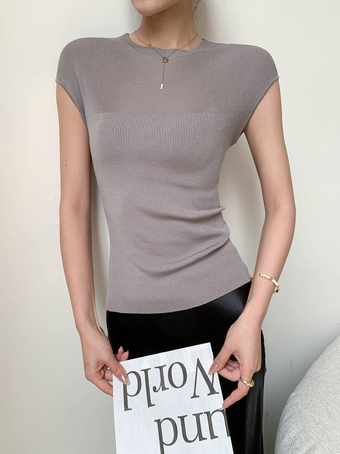 french sleeve sheer rib knit slim tops