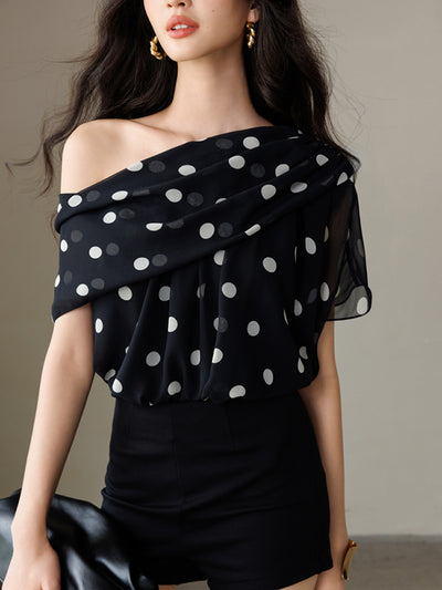 one shoulder chiffon dot tops