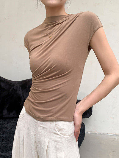 high neck slim fit side gather beige tops