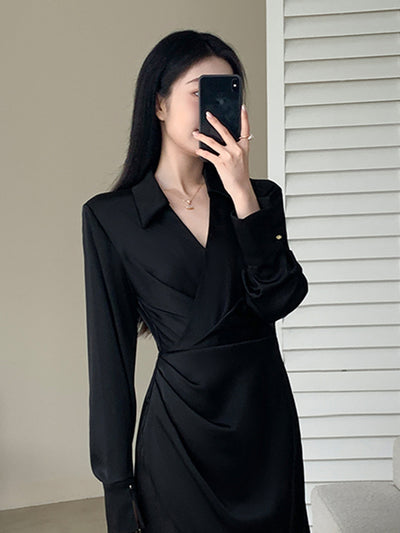 high end waist slim drape shirt dress