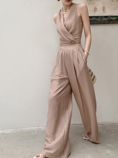milk tea sleeveless tops and wide pants set up