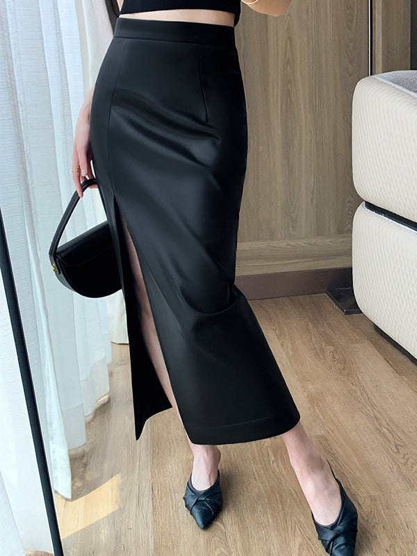 high waist slim slit leather long skirt