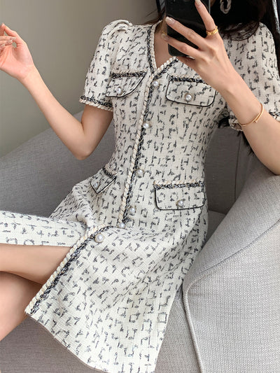 v neck button tweed check short one piece