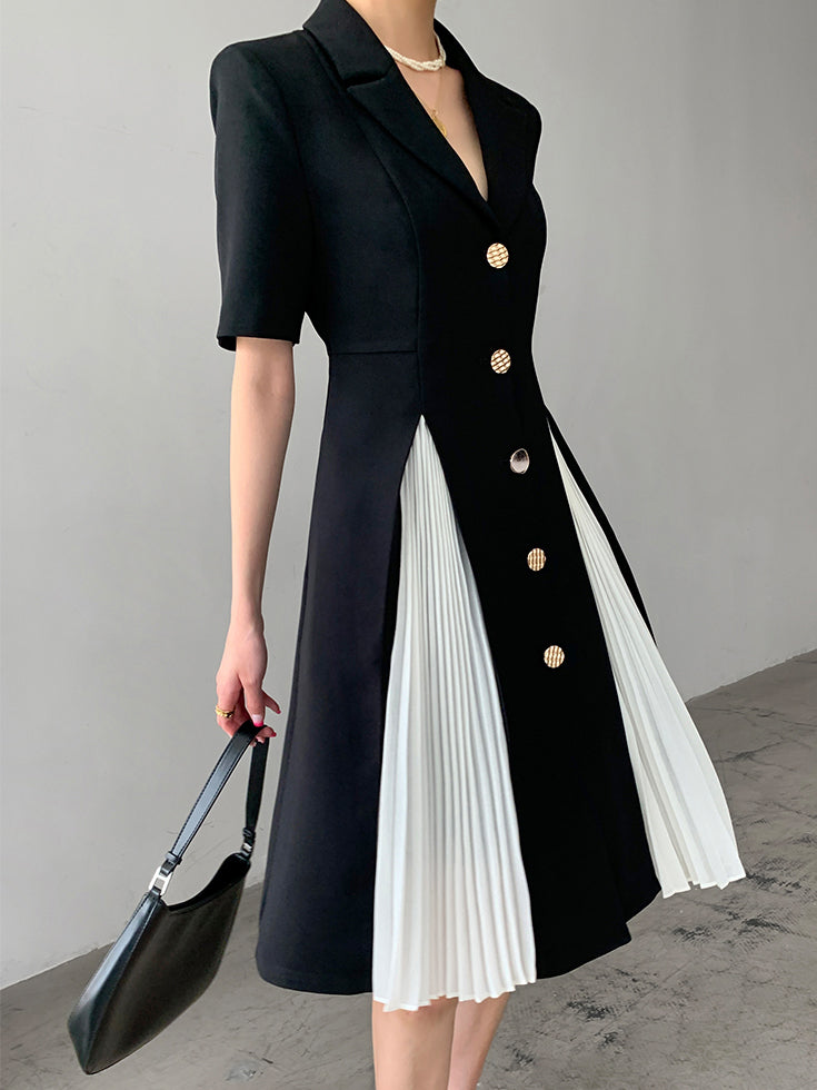 black short sleeve suit style pleats one piece