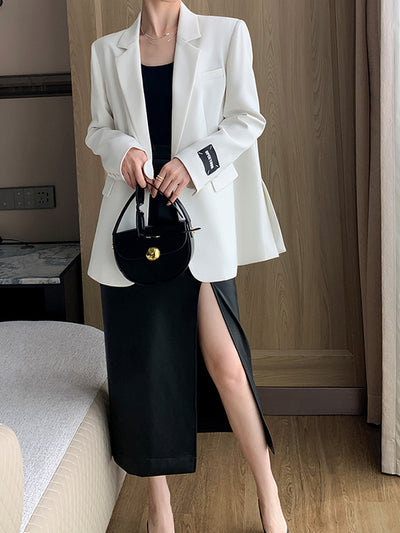 high waist slim slit leather long skirt