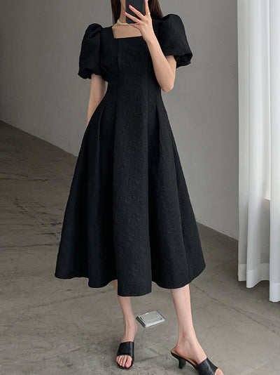 square neck waist puff sleeve flare long black dress