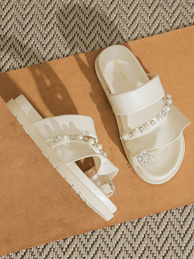 flat ruffle pearl bijou sandals