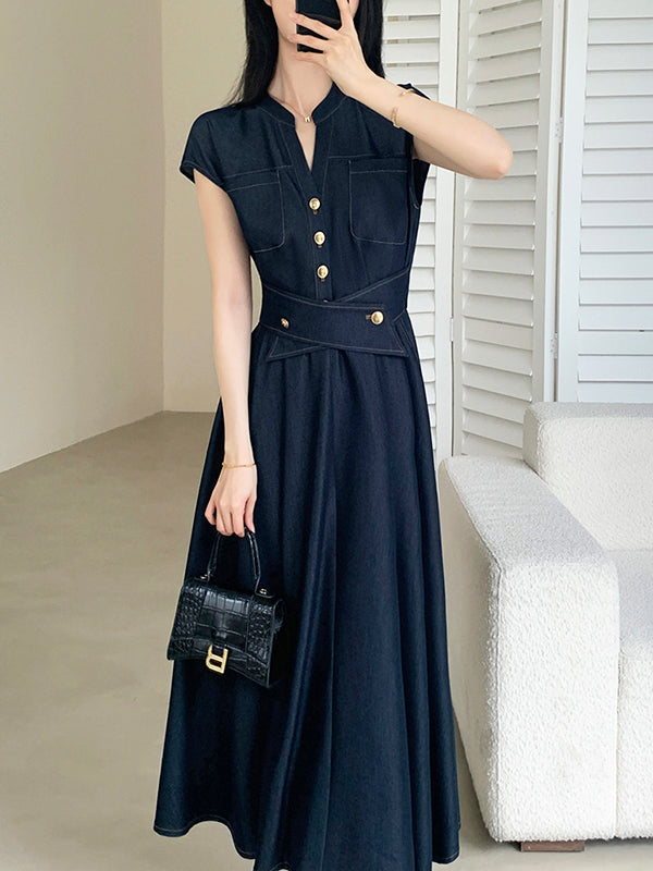 gold button denim long dress