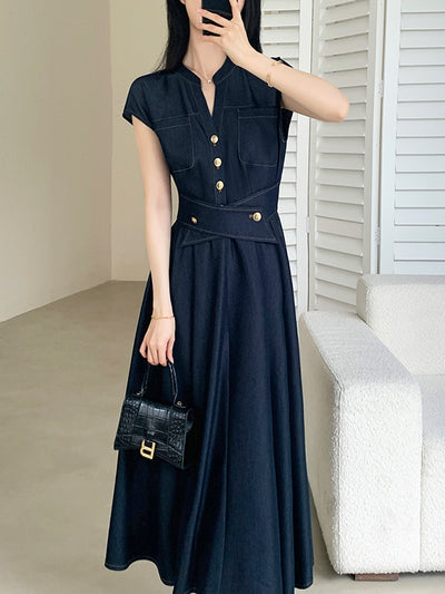 gold button denim long dress