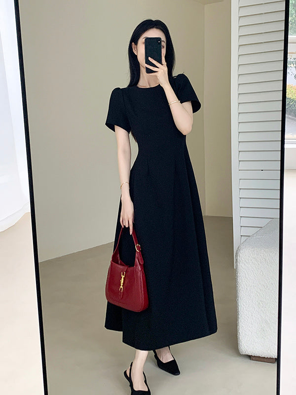 u neck black flare long dress