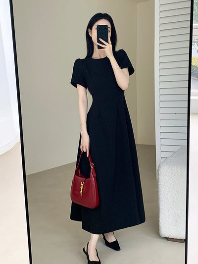u neck black flare long dress