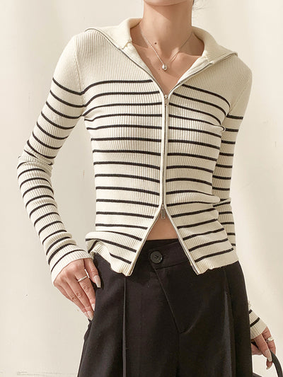 striped zipper knit tops