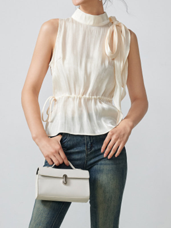 high neck sleeveless ribbon tops