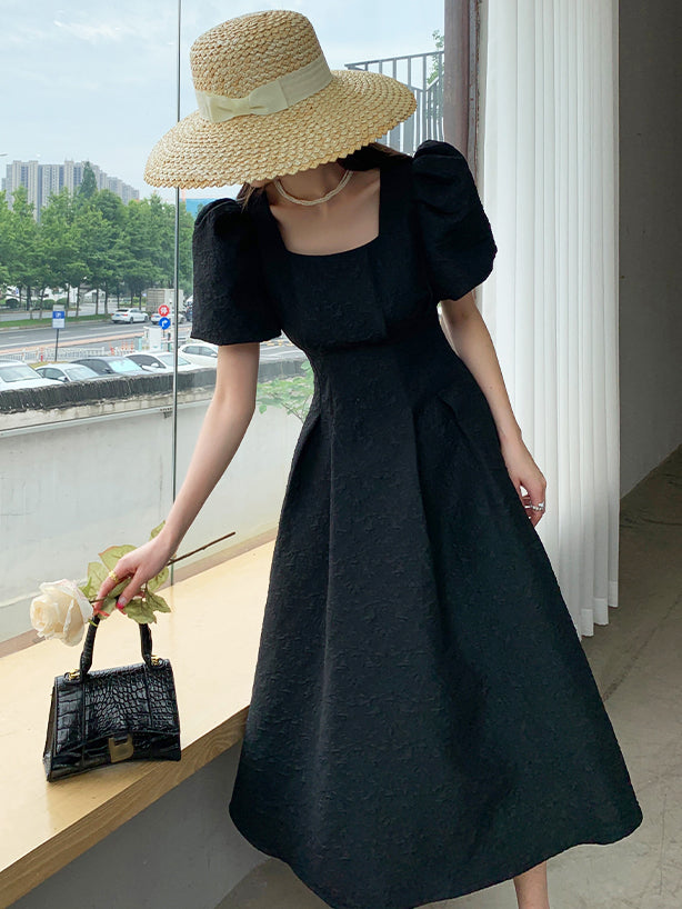 square neck waist puff sleeve flare long black dress