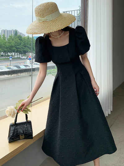 square neck waist puff sleeve flare long black dress