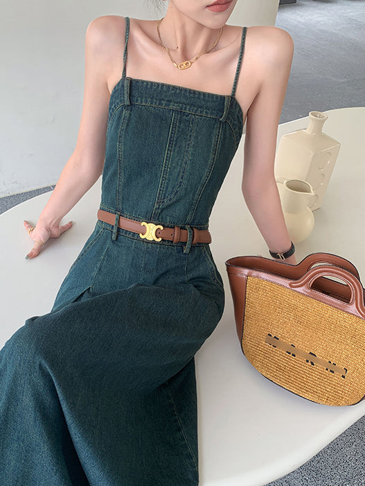 vintage blue denim camisole pleats long one piece