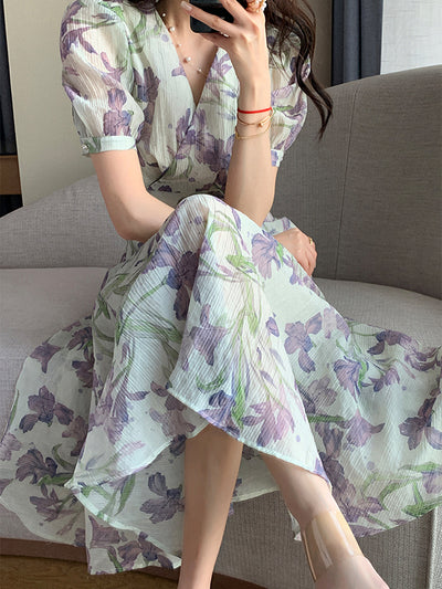 v neck flower tencel long one piece