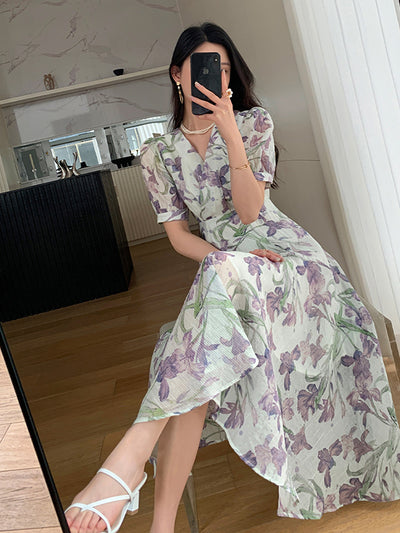 v neck flower tencel long one piece