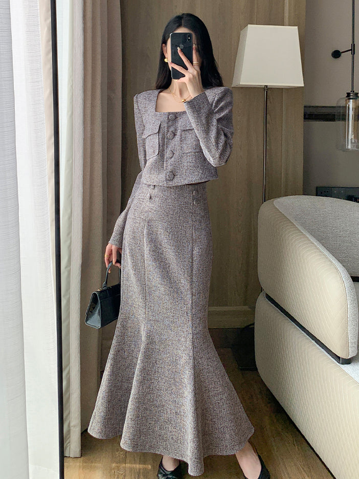 gray brown square collar short French jacket