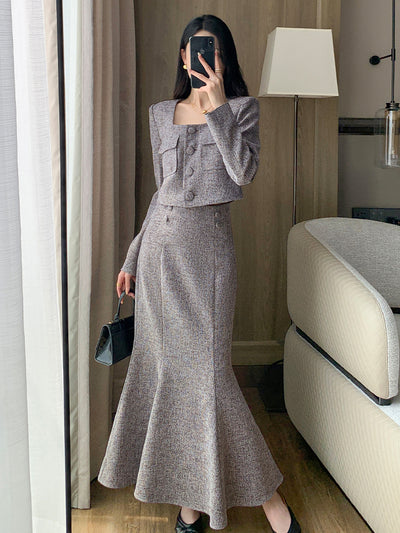 gray brown square collar short French jacket