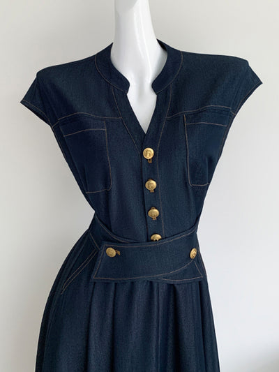 gold button denim long dress