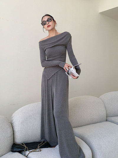 off shoulder asymmetry pants setup
