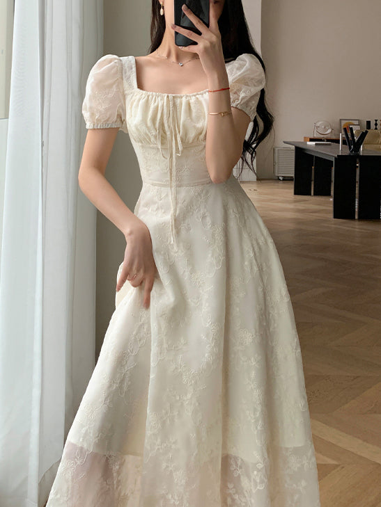 square neck puff sleeve lace long dress