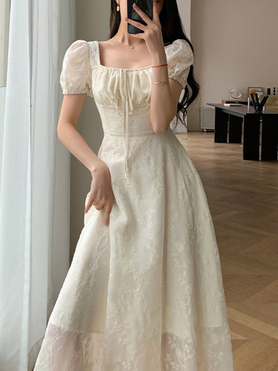 square neck puff sleeve lace long dress