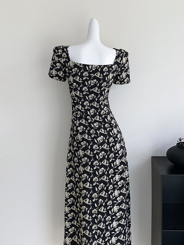 square neck flower tight long dress