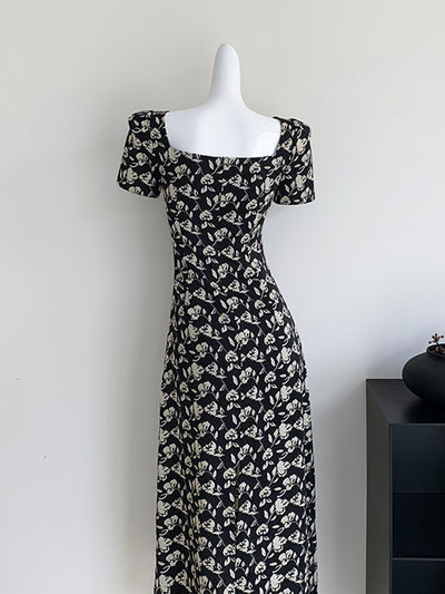 square neck flower tight long dress