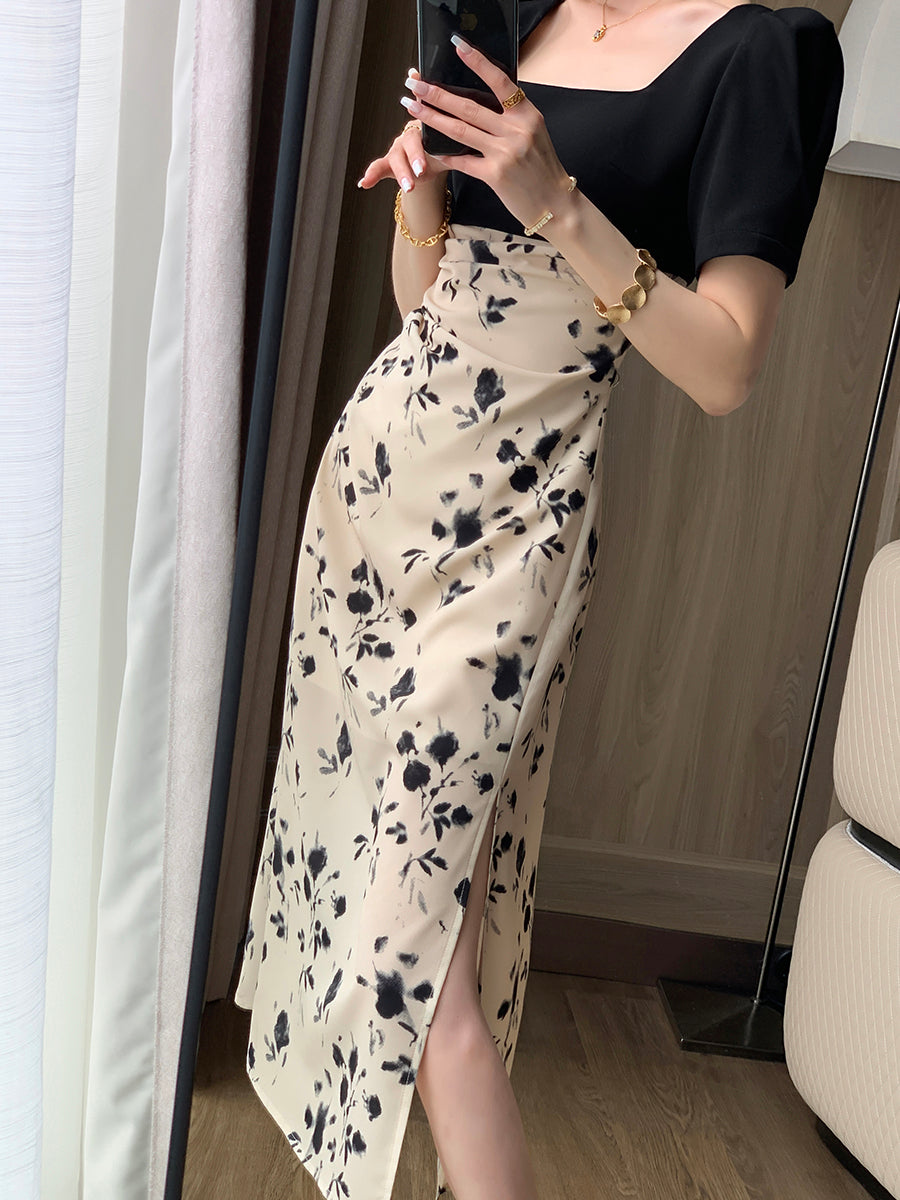 french flower square neck slit long one piece