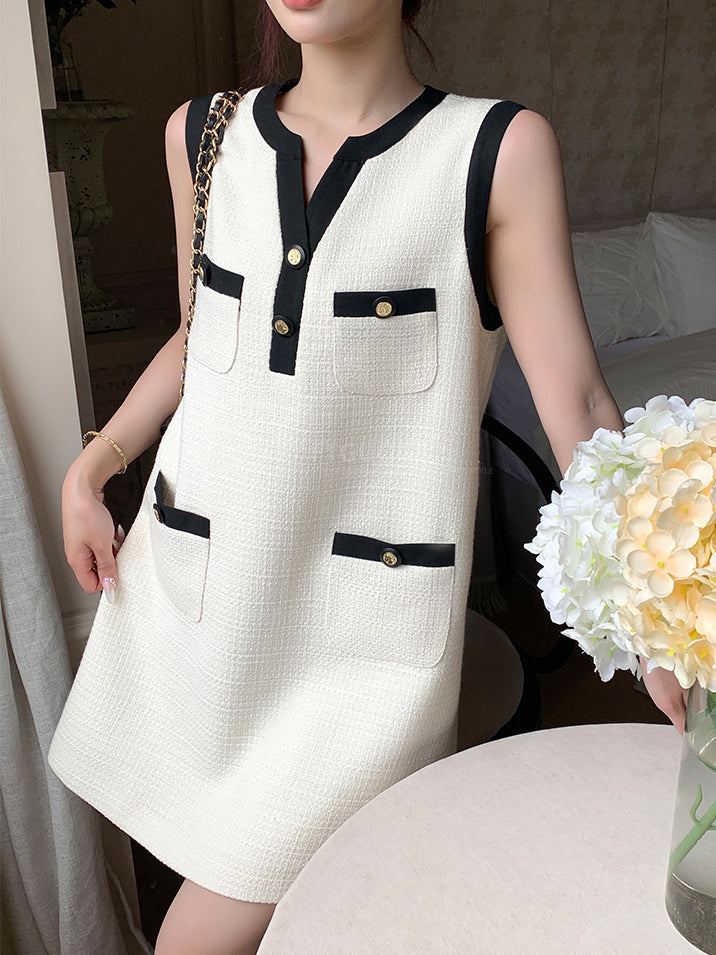 sleeveless button tweed mini one piece