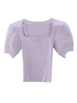 light purple square neck puff sleeve knit tops