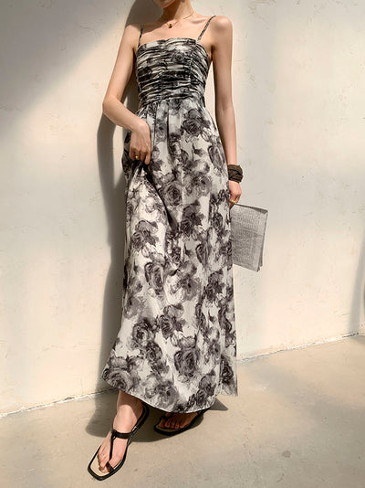 flower print monotone long dress