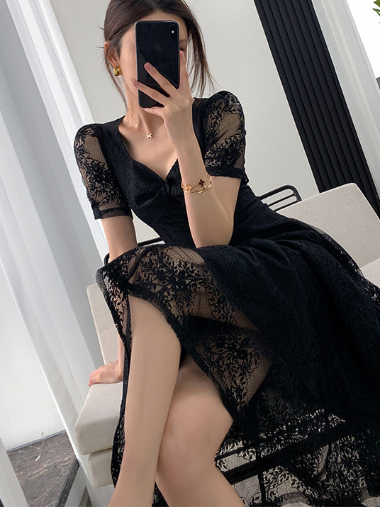 square neck flare black lace one piece